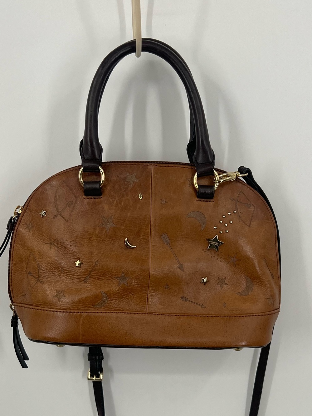 Tignanello Celestial Brown Dome Satchel with Black Handles and Gold Accents